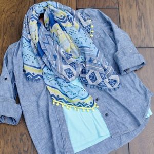 Aztec Boho Pom Pom Blue Yellow Scarf
